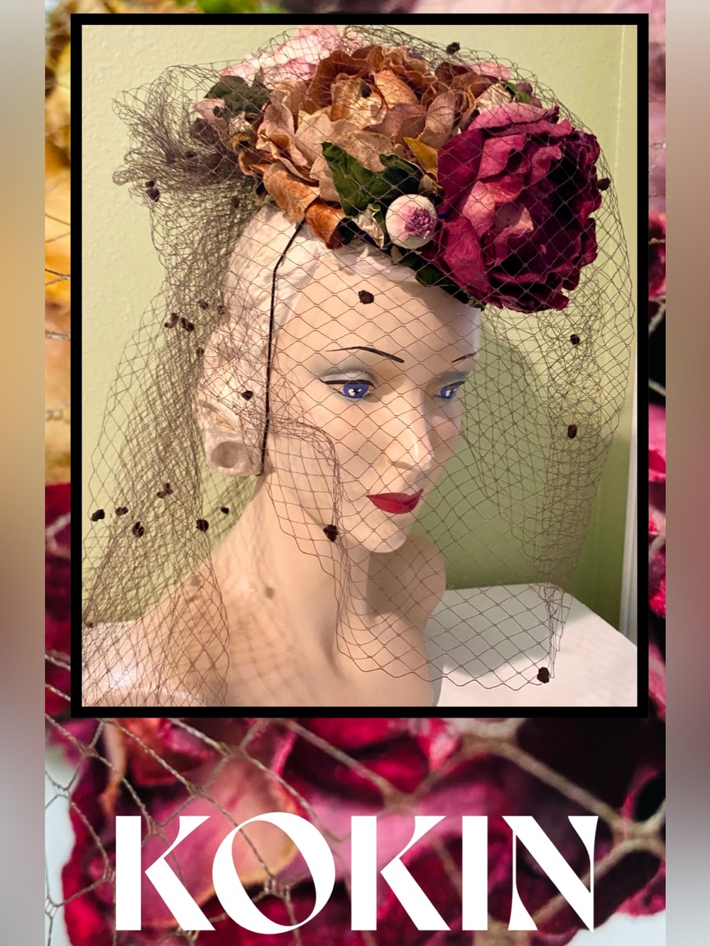 KOKIN Floral Hat Fascinator Velvet Dot Netting NEW Runway Gorgeous